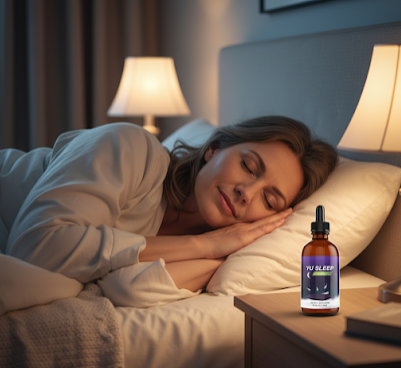 Woman sleeping peacefully beside a bottle of Yu Sleep on her nightstand